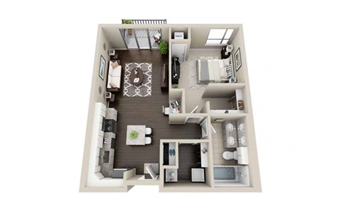 Floor plan for 1 bed, 1 bath, 748 sqft